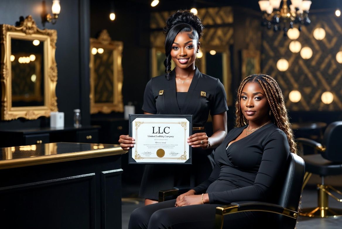 Two Black women entrepreneurs in upscale salon holding LLC certificate