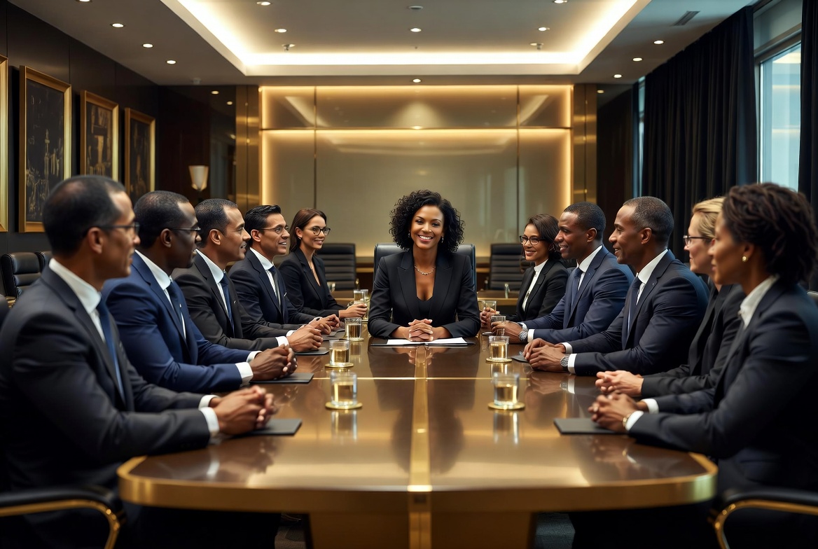Black woman CEO at head of executive boardroom table surrounded by diverse board members - representing generational wealth and corporate leadership