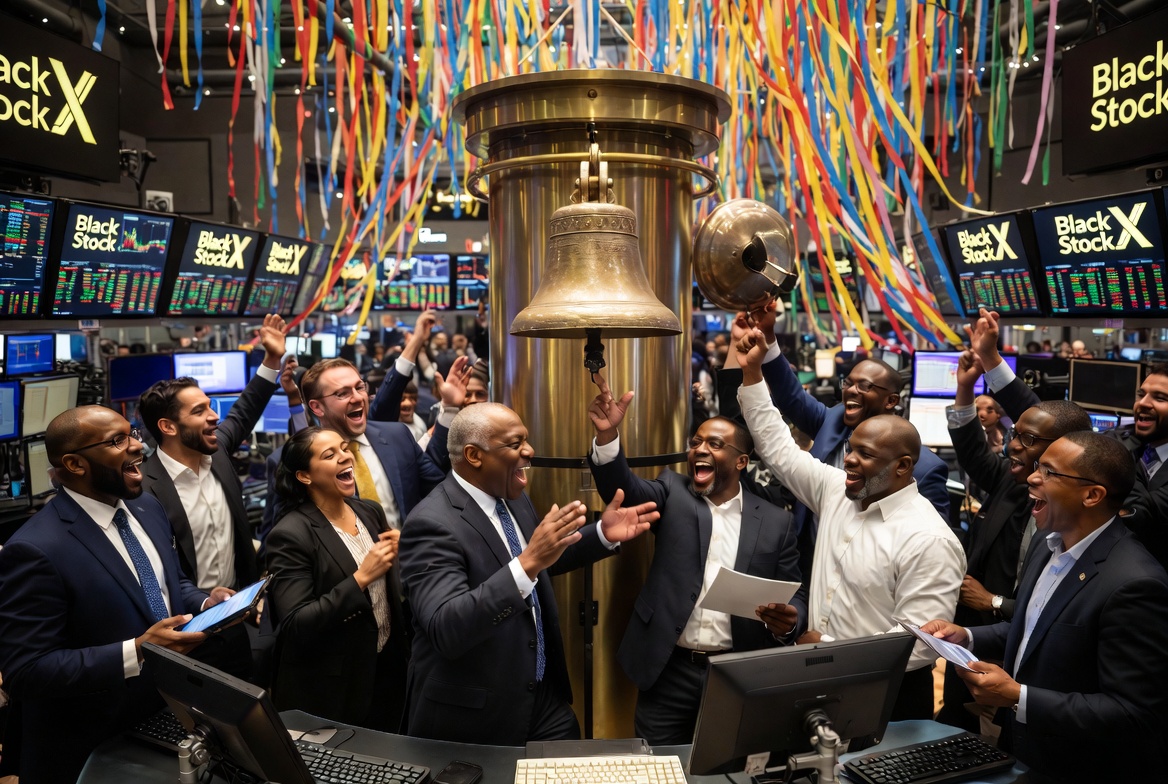 Black business professionals celebrating IPO bell ringing at stock exchange